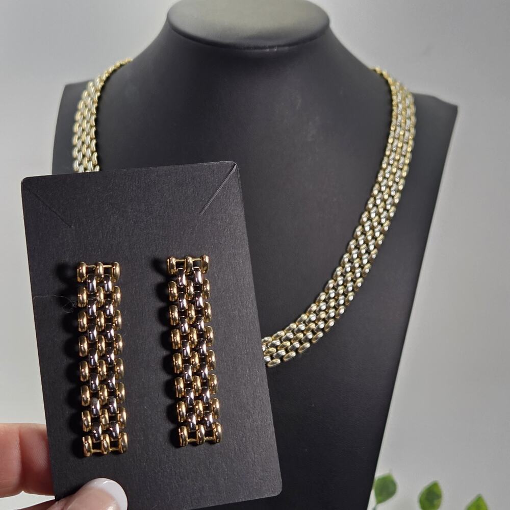 Gorgeous 5-row Panther Link Two Tone 18" Necklace And Earrings Excellent Cond.